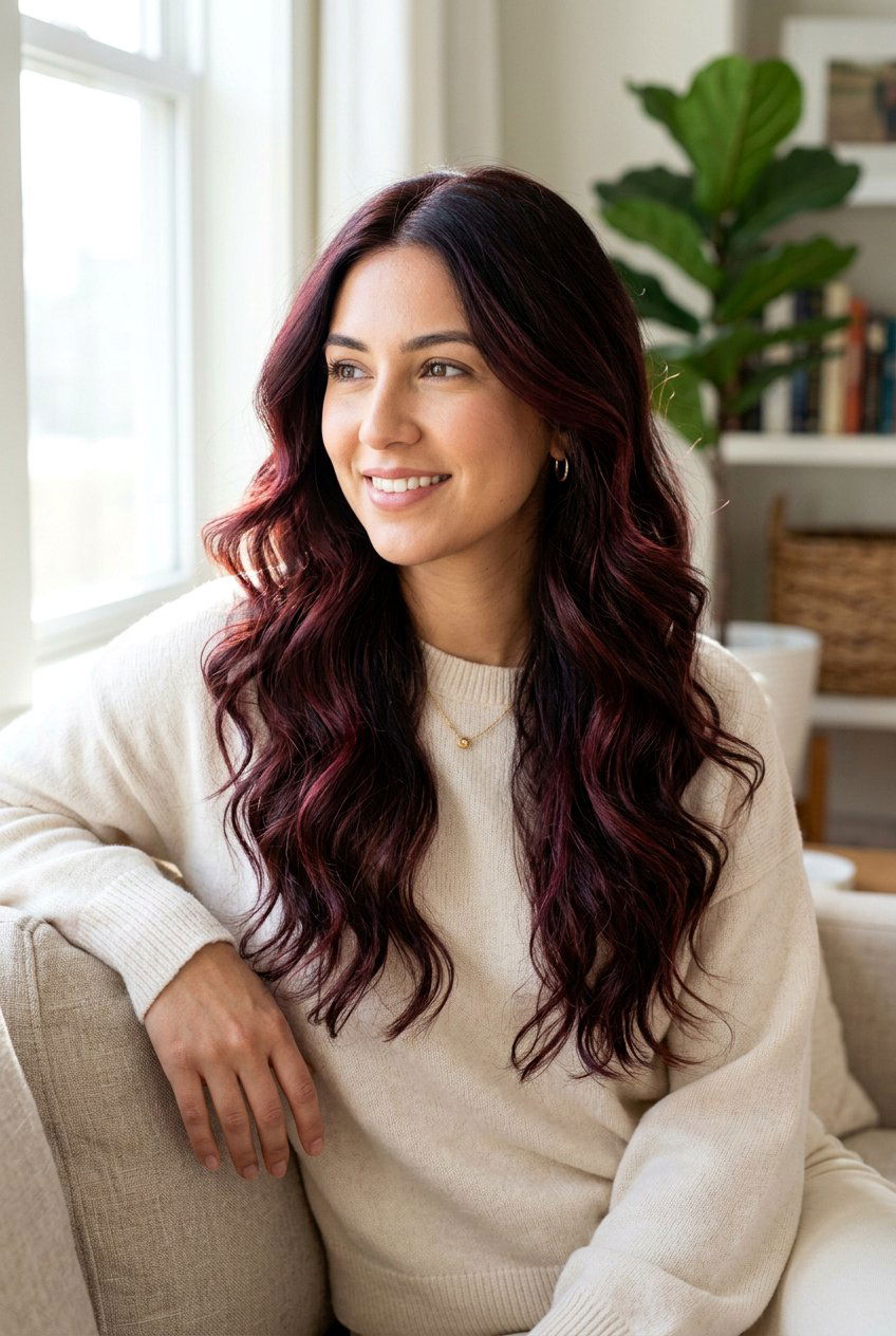 Dark Hair Burgundy Highlights with Waves - 20 dark hair with burgundy highlights - 20 dark hair with burgundy highlights