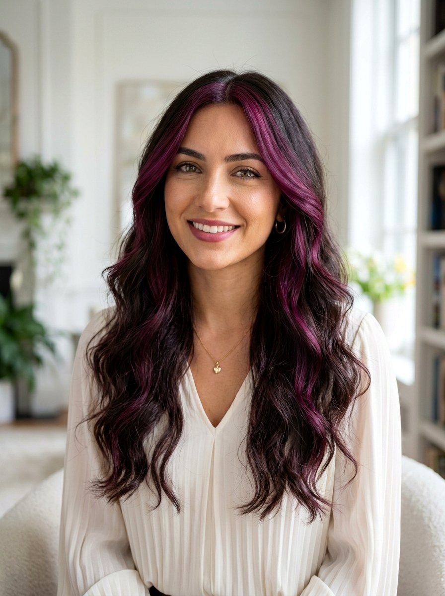 Dark Hair With Plum Money Piece - 20 purple money piece on dark hair - 20 purple money piece on dark hair