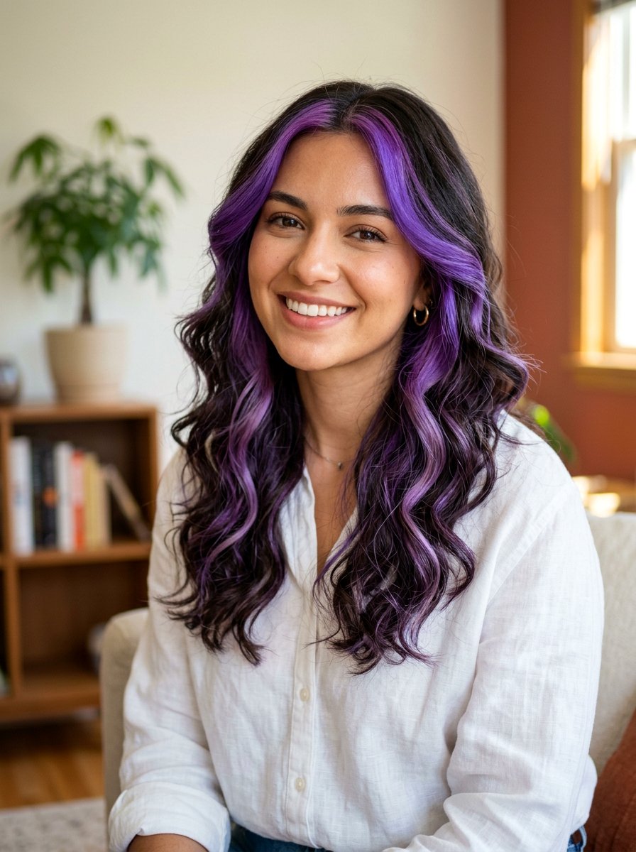 Dark Hair With Purple Money Piece And Highlights - 20 purple money piece on dark hair - 20 purple money piece on dark hair