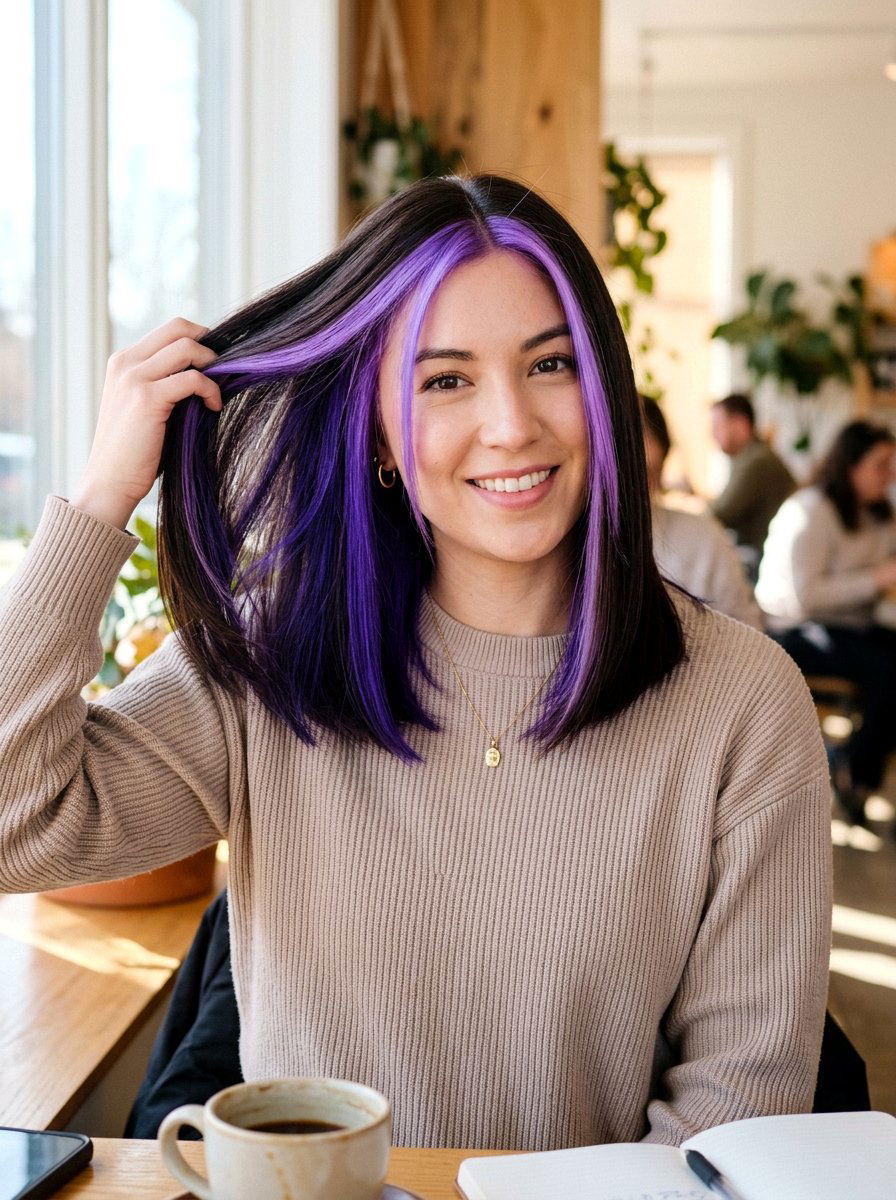 Dark Hair With Purple Money Piece And Underlayer - 20 purple money piece on dark hair - 20 purple money piece on dark hair