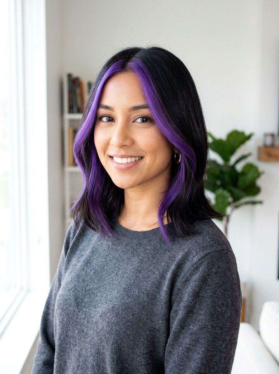 Dark Lob With Purple Money Piece - 20 purple money piece on dark hair - 20 purple money piece on dark hair