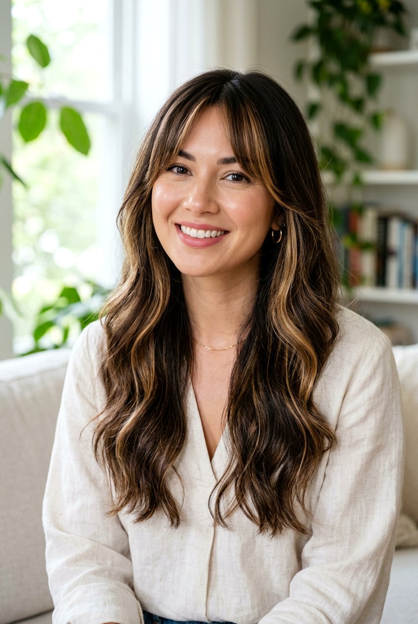 Dark Mocha Balayage With Curtain Bangs And Money Piece - 20 dark mocha balayage with money piece - 20 dark mocha balayage with money piece