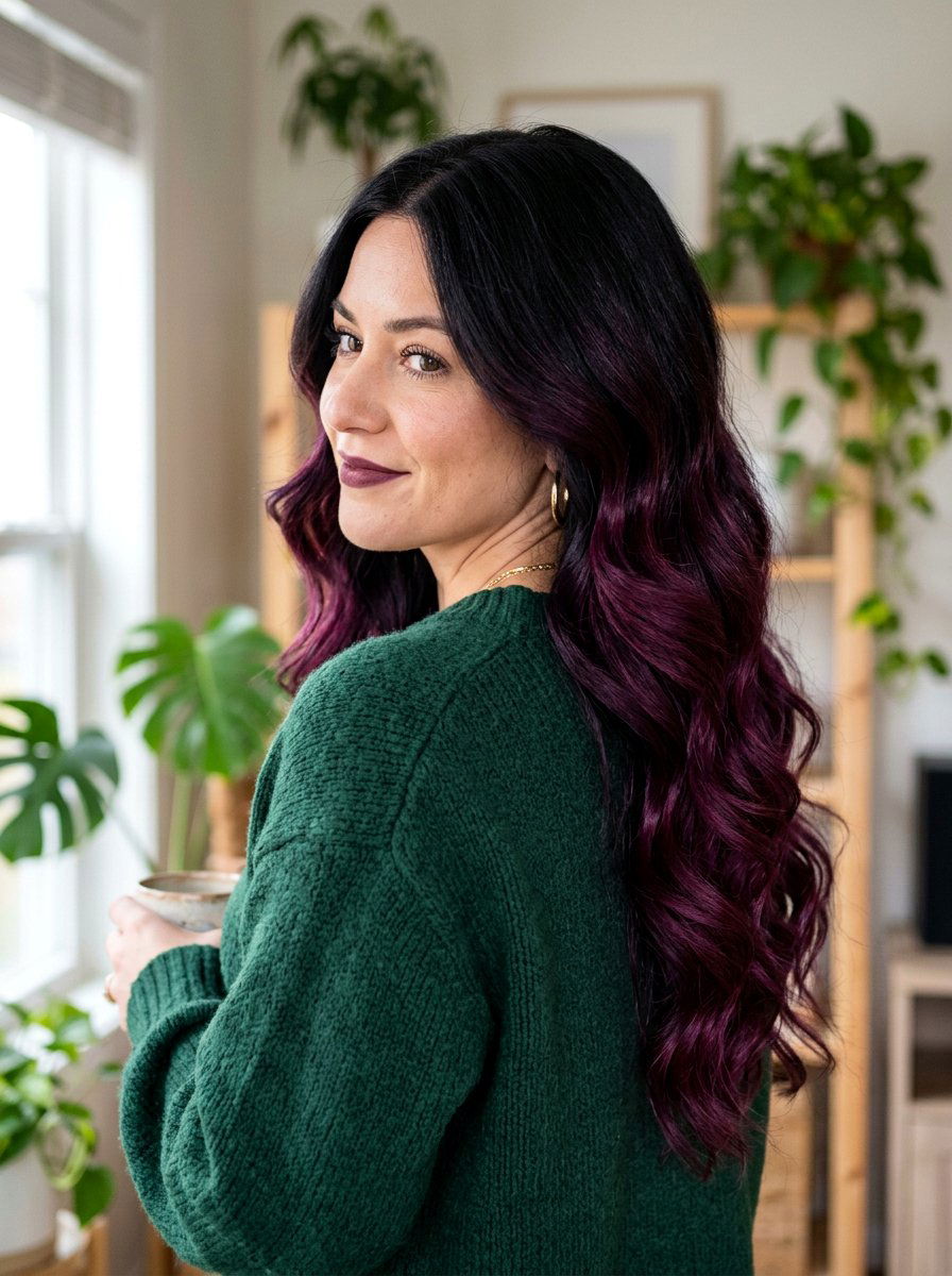 Dark Plum Balayage on Black Hair - 20 purple balayage with black roots - 20 purple balayage with black roots