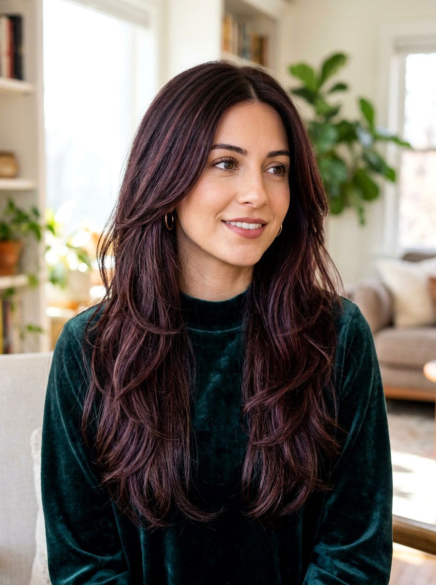 Dark Plum Brown Layered Long Hair - 20 red brown hair color for winter - 20 red brown hair color for winter