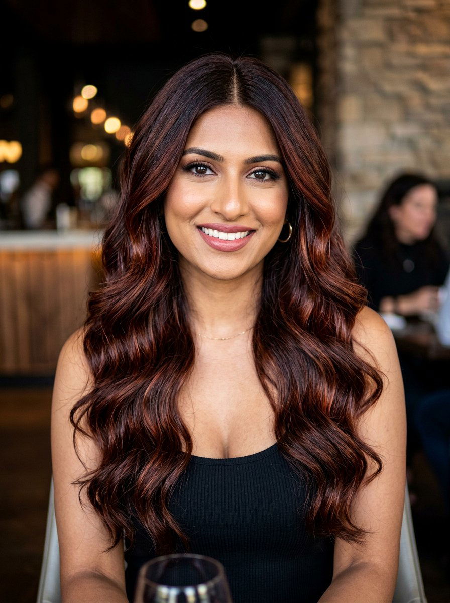 Dark Red Brown Balayage On Long Waves - 20 rich red brown balayage - 20 rich red brown balayage