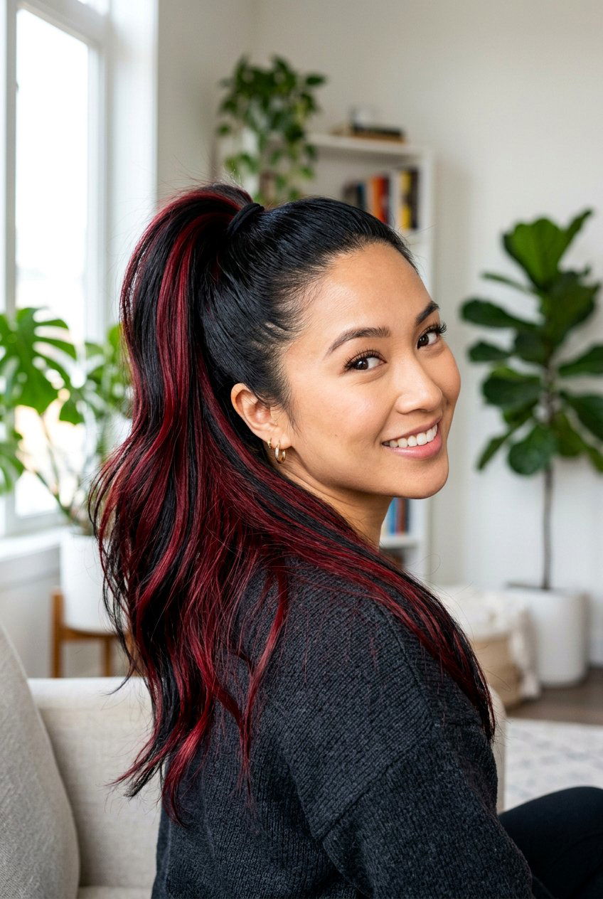 Dark Red Peek A Boo Black Hair - 20 black hair with red highlights - 20 black hair with red highlights