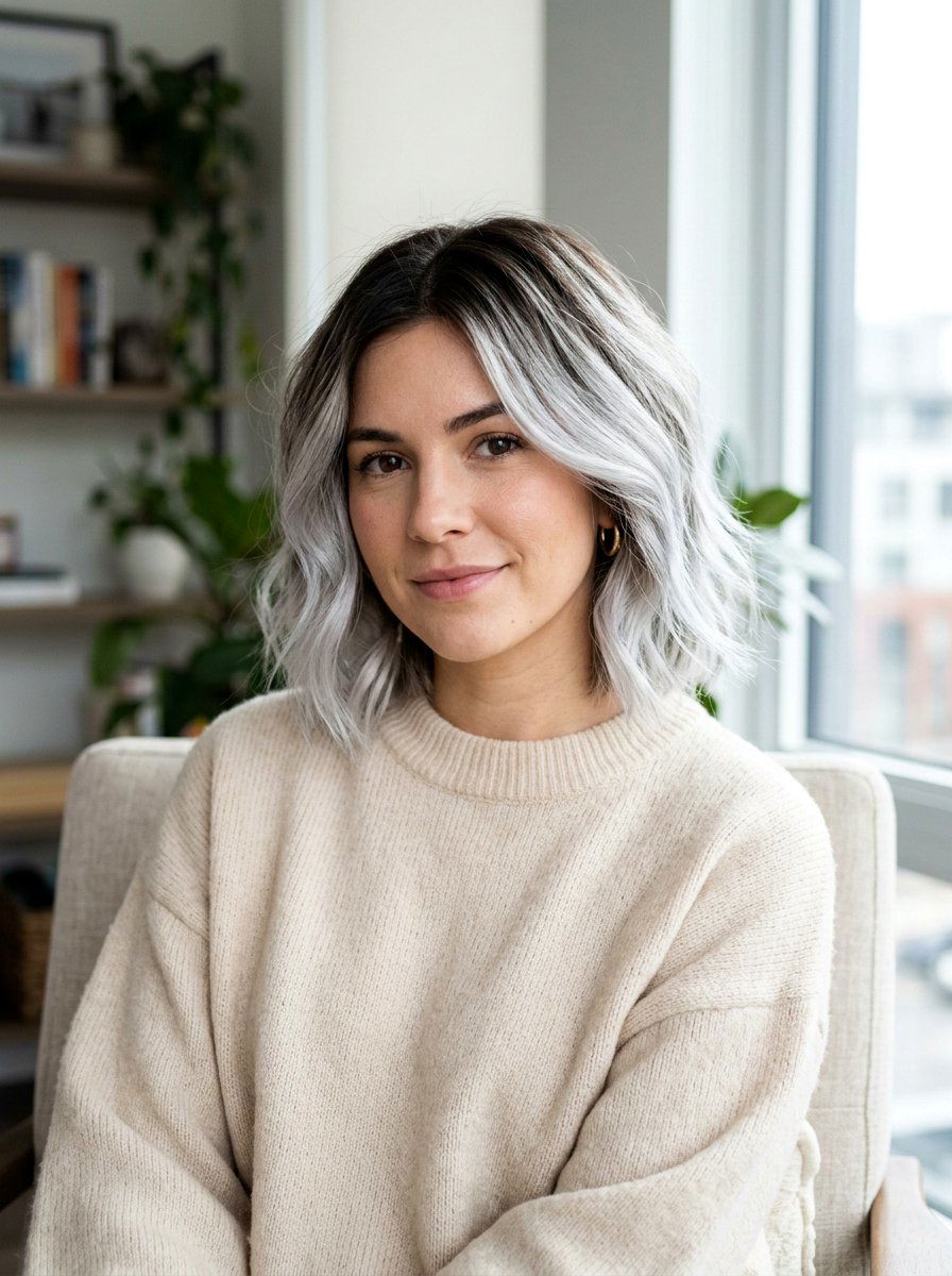Dark Root Silver Balayage Layered Bob - 20 silver balayage for layered bob - 20 silver balayage for layered bob