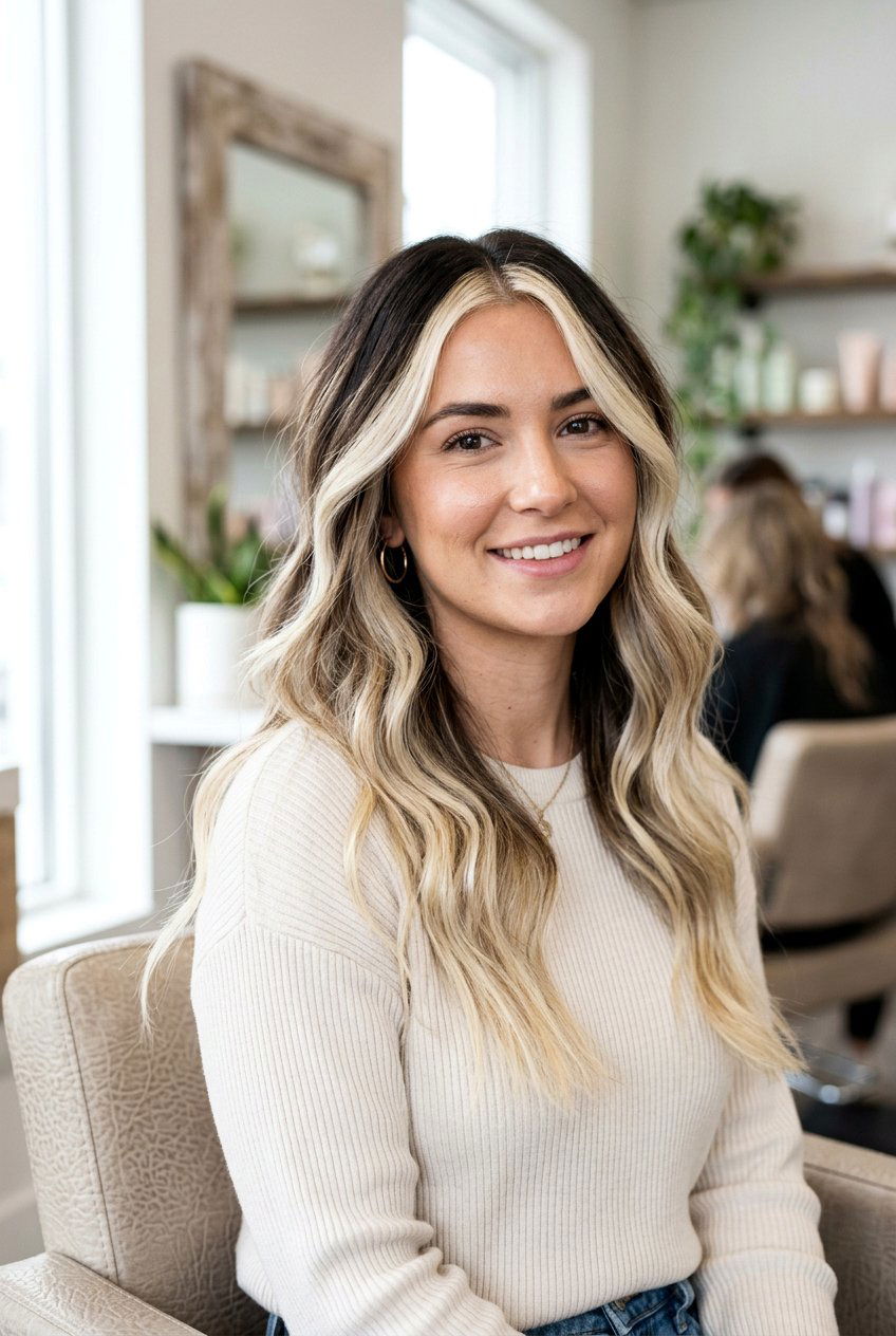 Dark Roots with Blonde Money Piece and Balayage - 20 money piece with balayage - 20 money piece with balayage