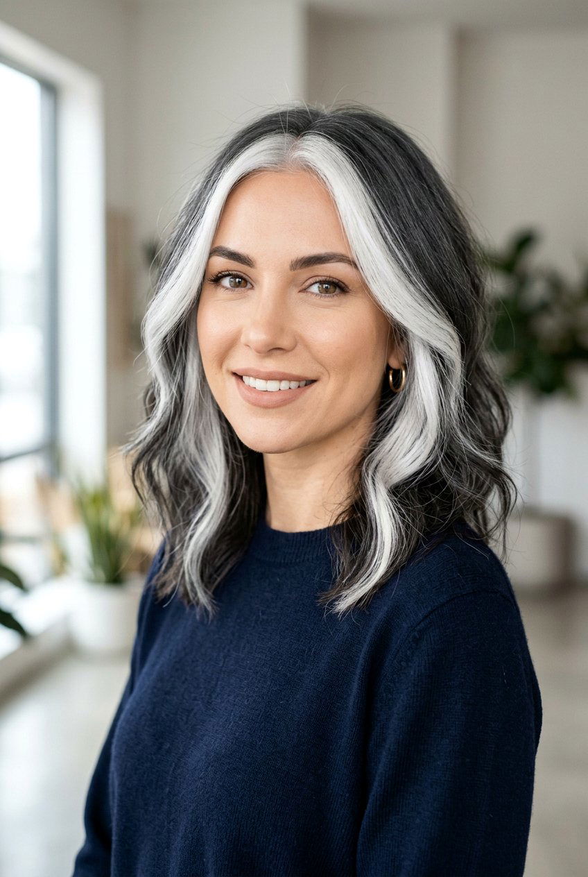 Dark gray hair with white money piece - 20 salt and pepper hair color ideas - 20 salt and pepper hair color ideas