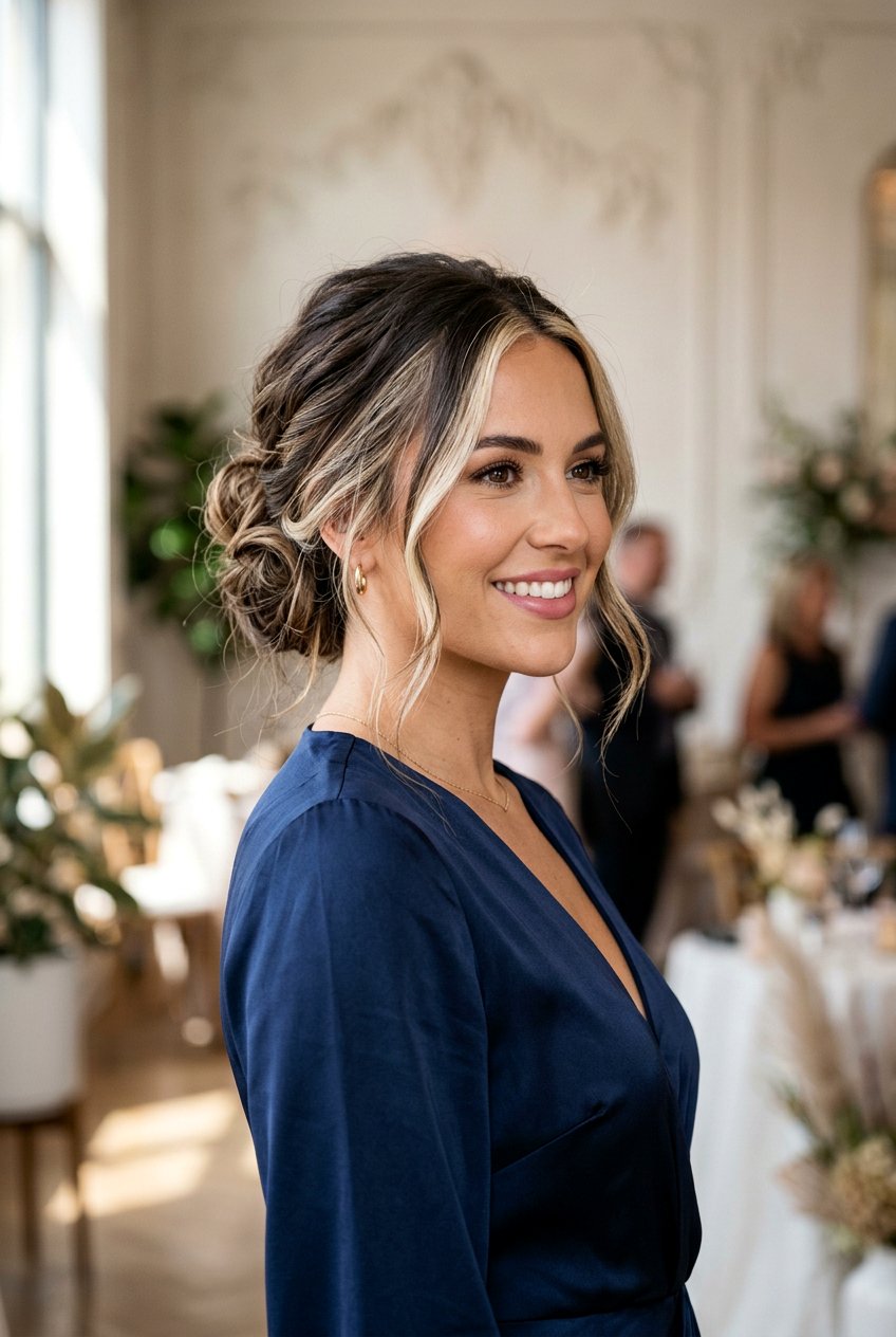 Deconstructed Brunette Bun With Face Framing Babylights - 20 brunette babylights for fine hair women - 20 brunette babylights for fine hair women