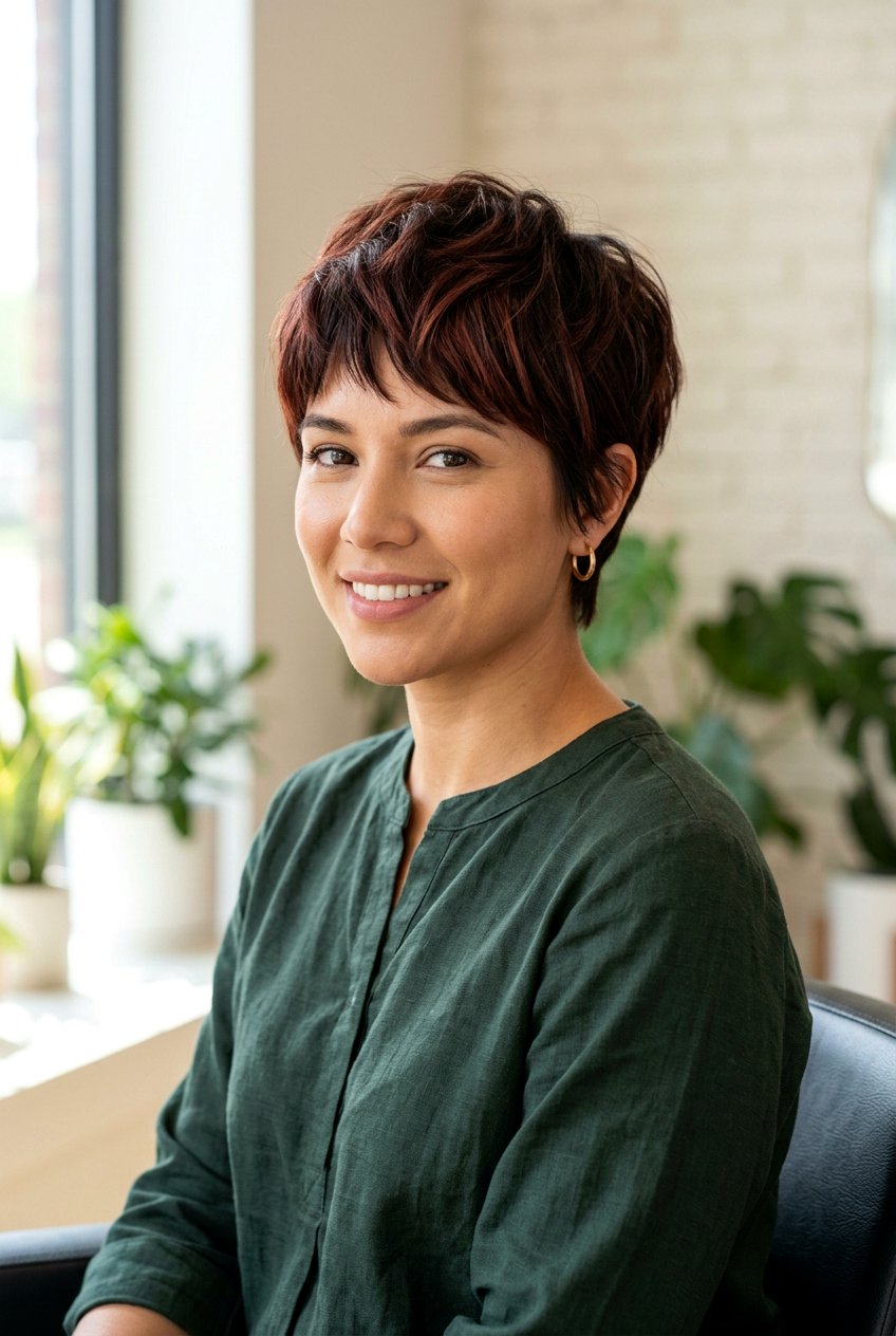 Deep Auburn Lowlights On A Brunette Pixie Cut - 20 autumn auburn highlights for brunettes - 20 autumn auburn highlights for brunettes