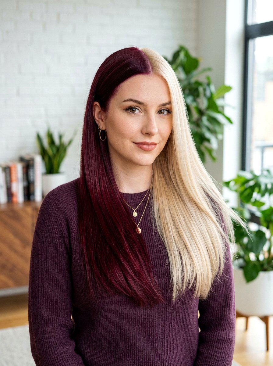 Deep Burgundy and Blonde Split Dye - 20 red and blonde split dye hair - 20 red and blonde split dye hair