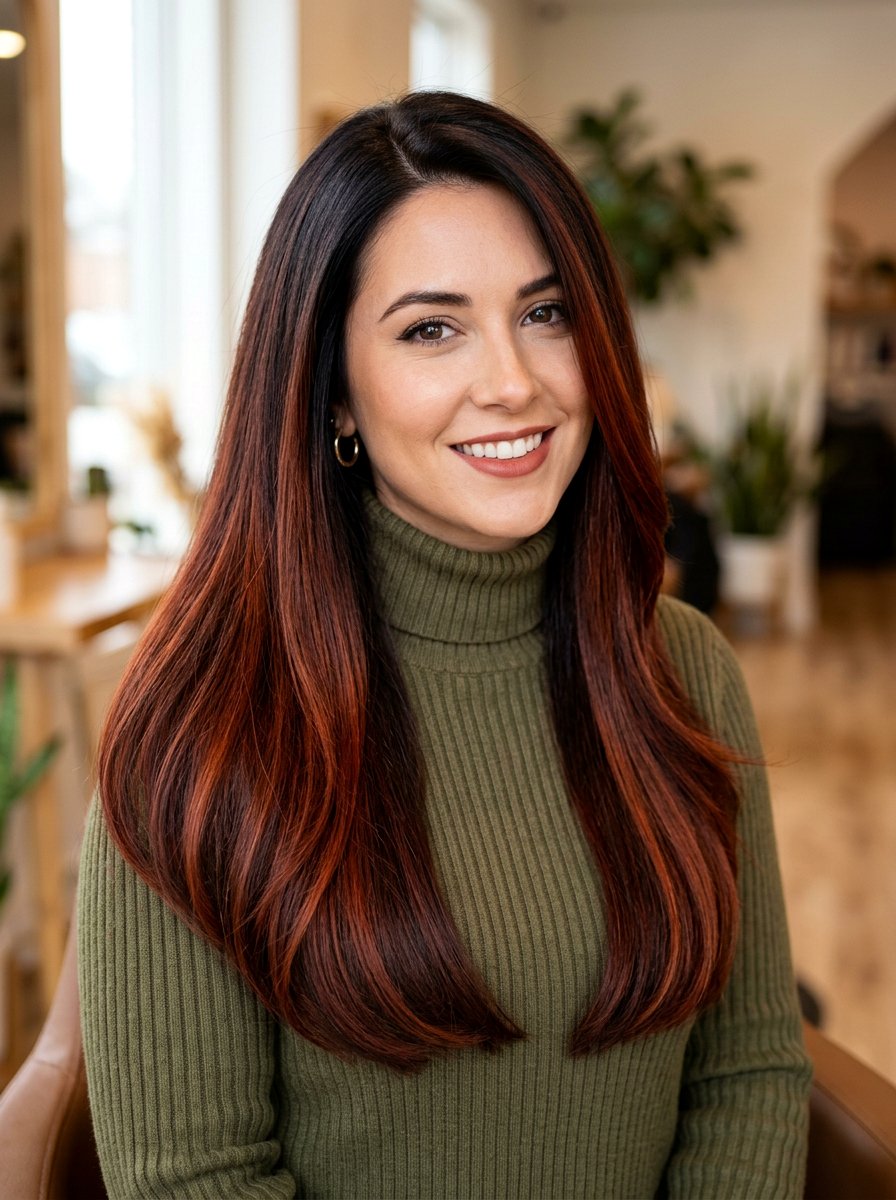 Deep Cinnamon Red Balayage on Dark Hair - 20 warm cinnamon brunette balayage - 20 warm cinnamon brunette balayage