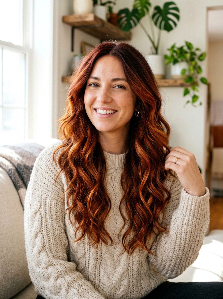 Deep Copper Balayage Long Layered Waves - 20 copper balayage for long layers - 20 copper balayage for long layers