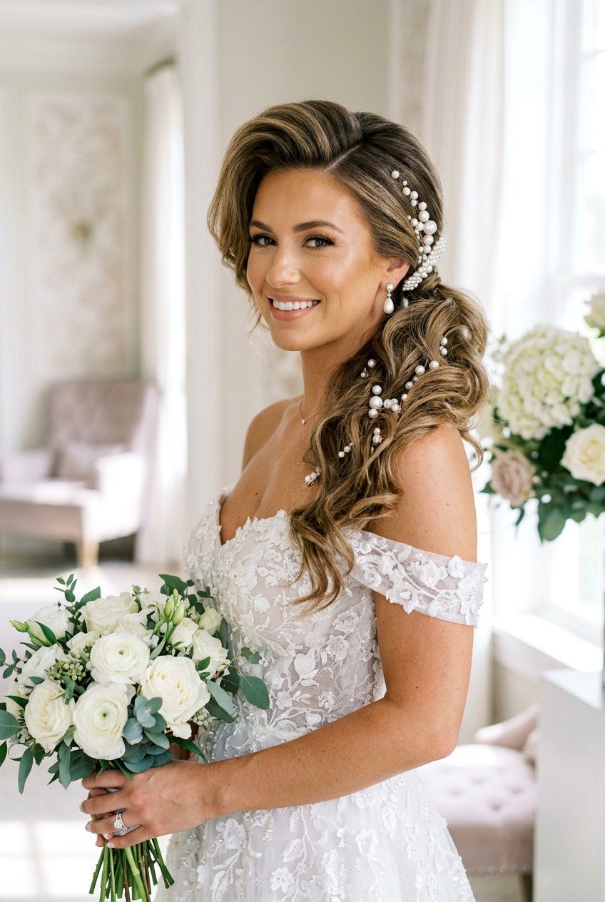 Deep Side Part Bridal Ponytail With Pearl Pins - 20 bridal ponytail with pearl pins - 20 bridal ponytail with pearl pins