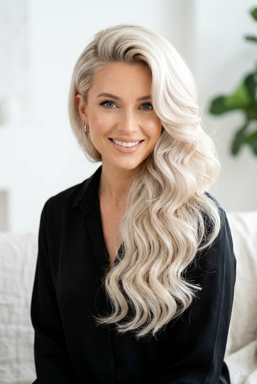 Deep Side Part Curls - 20 pageant hairstyle with soft curls - 20 pageant hairstyle with soft curls