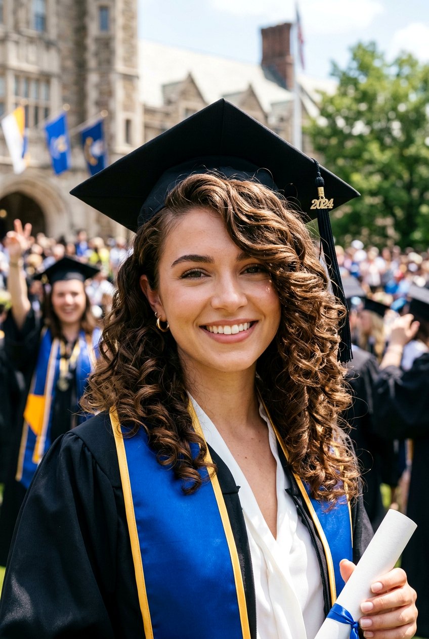 Deep Side Part Curls With Graduation Cap - 20 graduation curls with cap - 20 graduation curls with cap