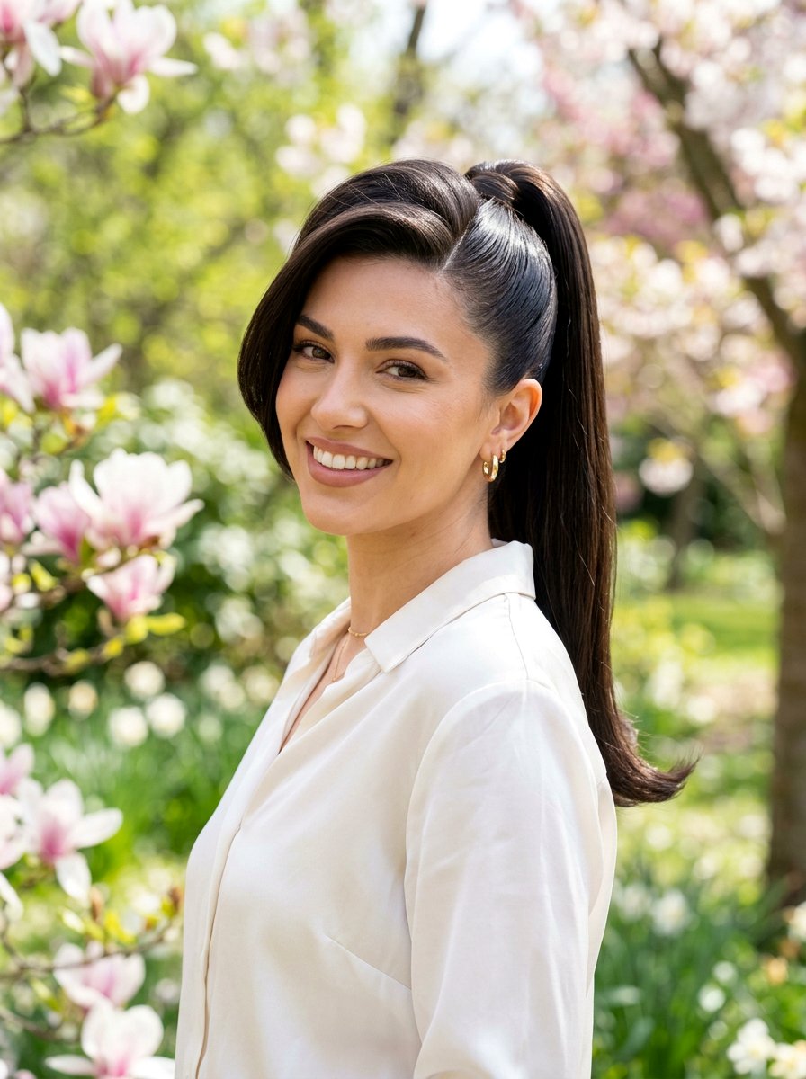 Deep Side Part Glossy Straight Ponytail - 20 glossy straight ponytail hairstyle - 20 glossy straight ponytail hairstyle