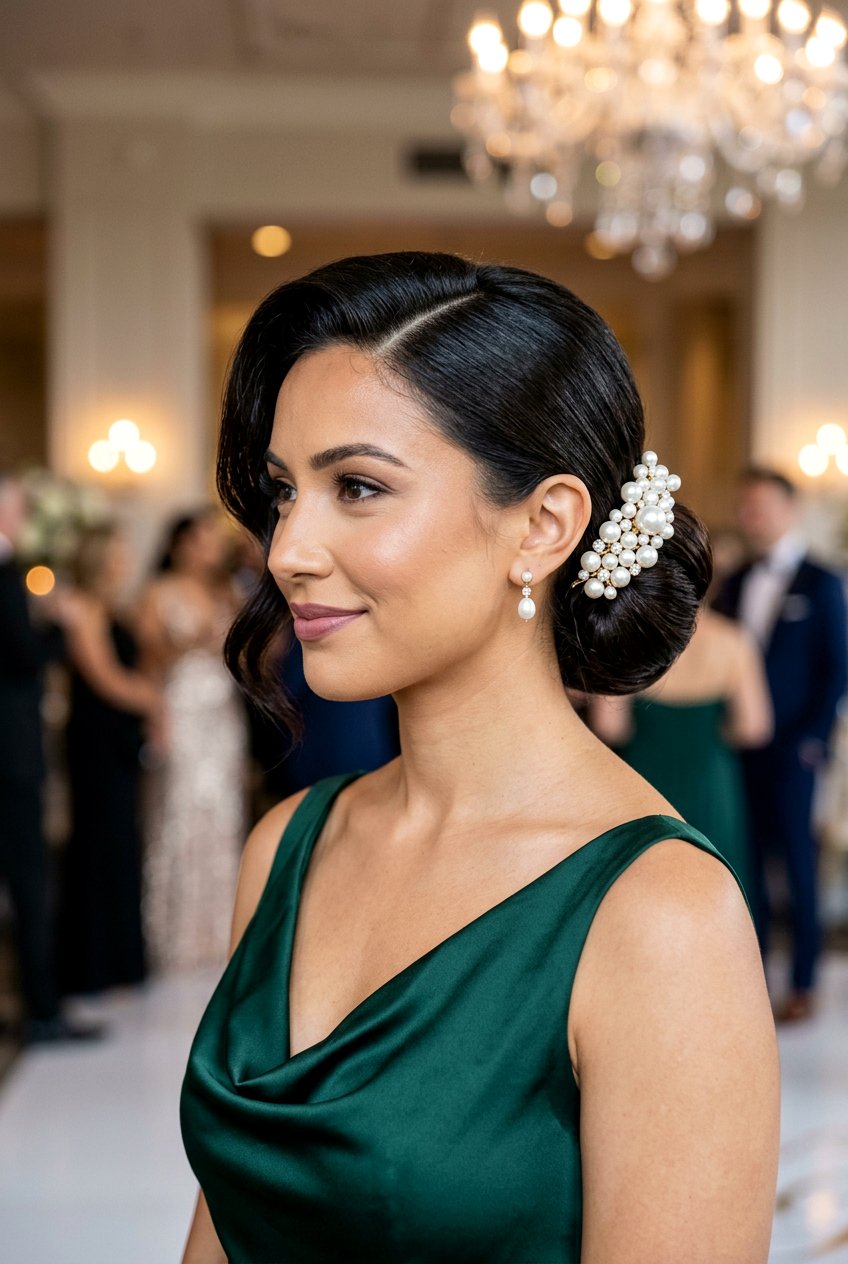 Deep Side Part Low Bun With Pearls - 20 birthday hairstyle with low bun and pearls - 20 birthday hairstyle with low bun and pearls