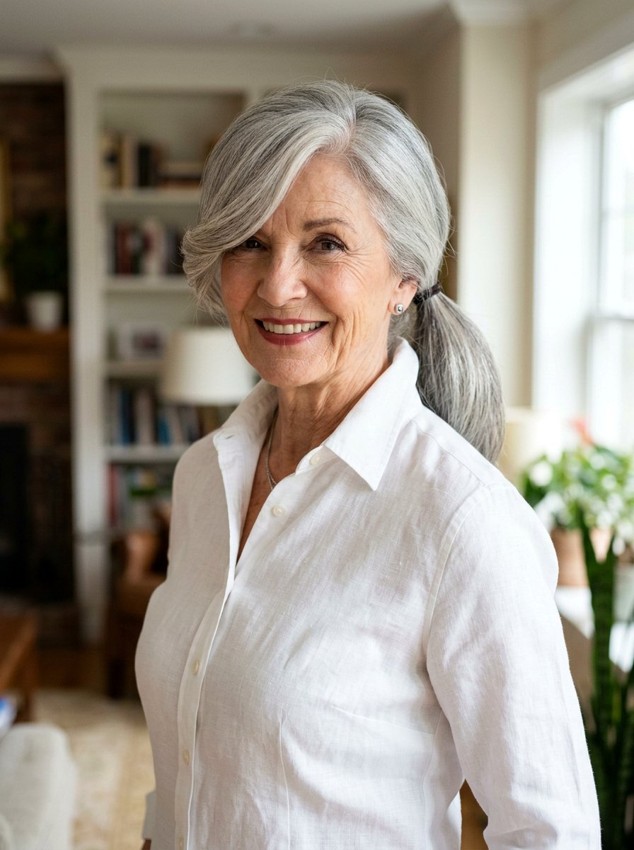 Deep Side Part Ponytail - 20 elegant ponytail hairstyle for older women - 20 elegant ponytail hairstyle for older women