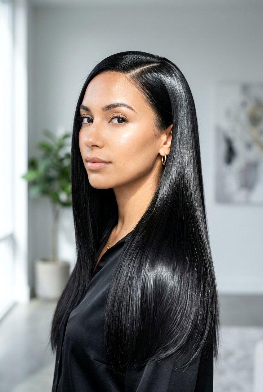 Deep Side Part Sleek Hair - 20 hairstyles for heart shaped faces - 20 hairstyles for heart shaped faces