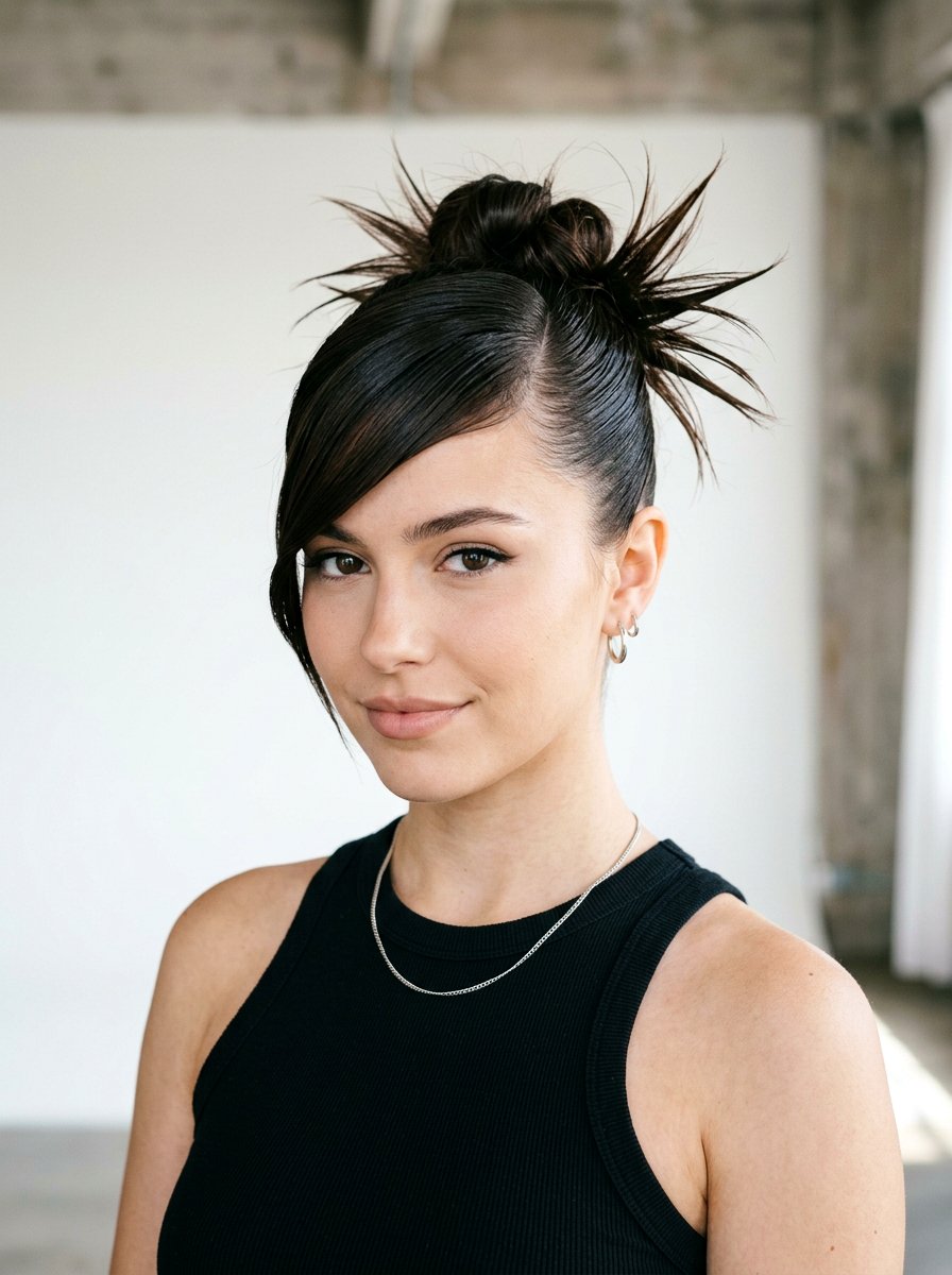 Deep Side Part Spiky Bun - 20 y2k spiky bun hairstyle - 20 y2k spiky bun hairstyle