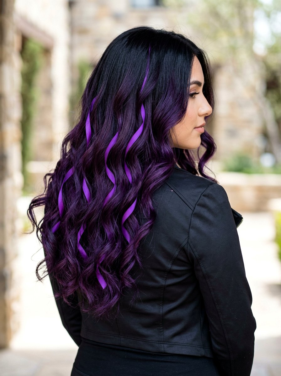 Deep Violet Balayage on Long Black Hair - 20 purple balayage with black roots - 20 purple balayage with black roots