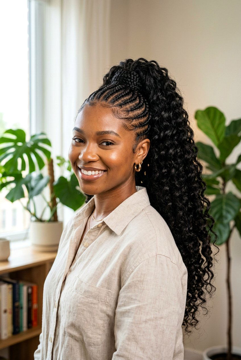 Deep Wave Weave Braided Ponytail - 20 cornrows into ponytail with weave - 20 cornrows into ponytail with weave