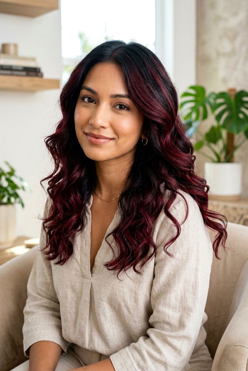 Deep Wine Red Balayage On Black Hair - 20 deep wine red balayage - 20 deep wine red balayage