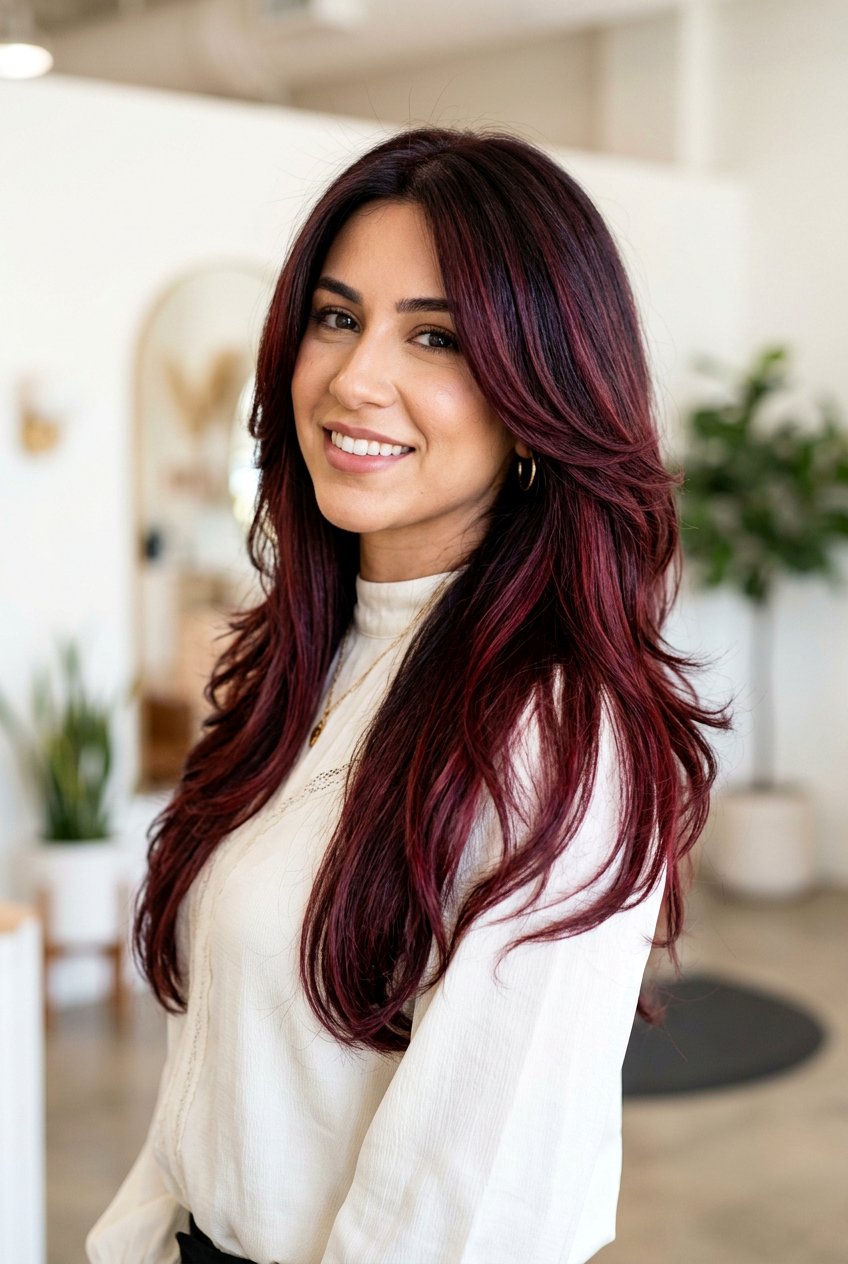 Deep Wine Red Balayage On Layered Hair - 20 deep wine red balayage - 20 deep wine red balayage