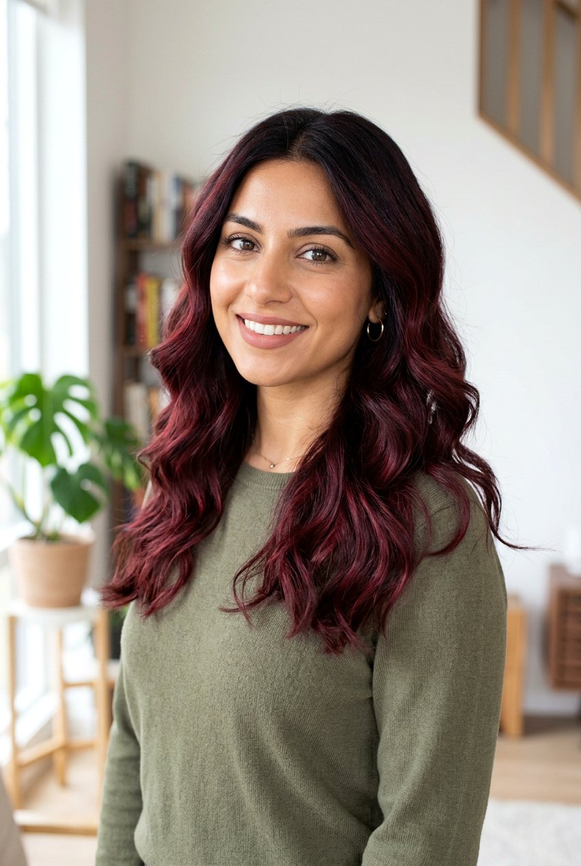 Deep Wine Red Balayage On Olive Skin - 20 deep wine red balayage - 20 deep wine red balayage