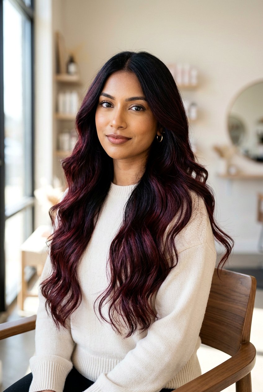 Deep burgundy balayage on black hair - 20 burgundy balayage for mature women - 20 burgundy balayage for mature women