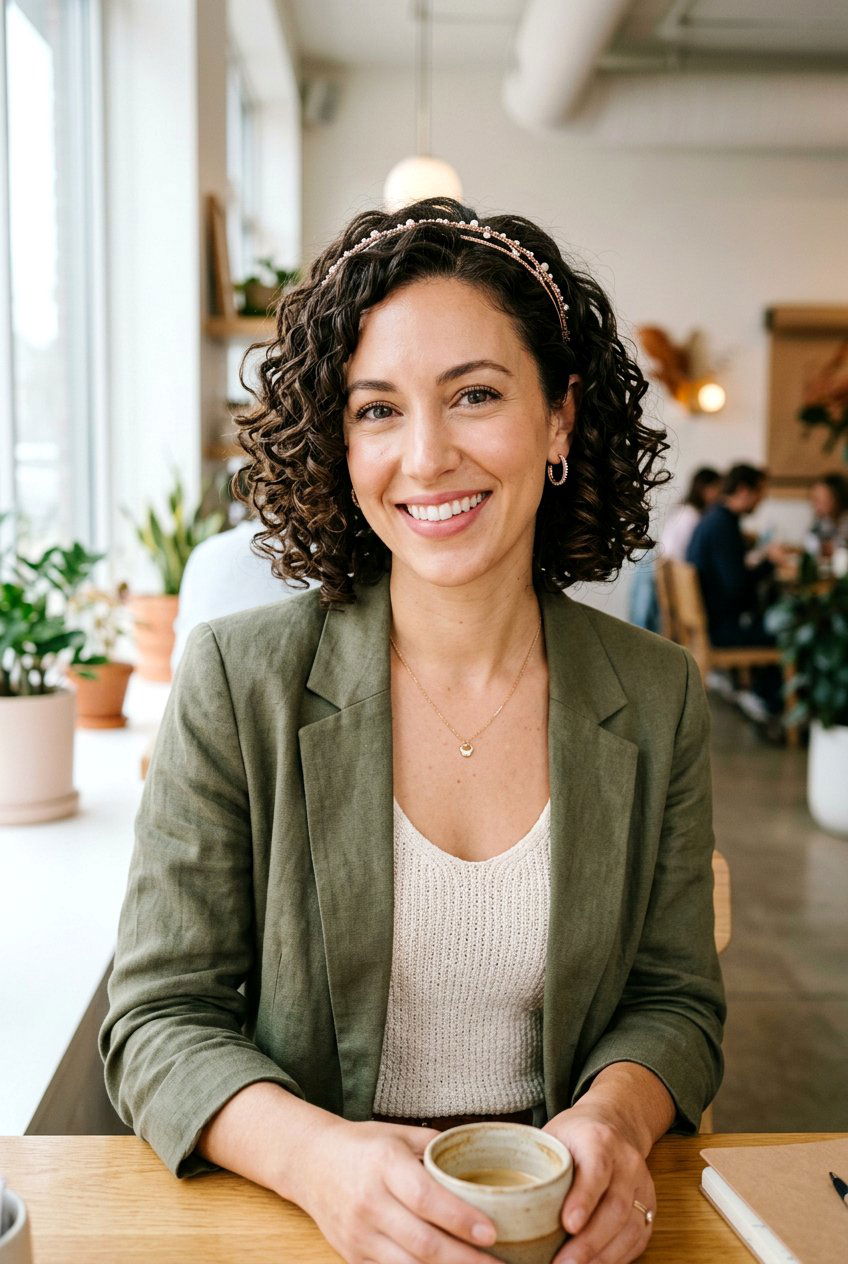 Defined Curly Bob With Thin Metallic Headband - 20 headband hairstyles - 20 headband hairstyles