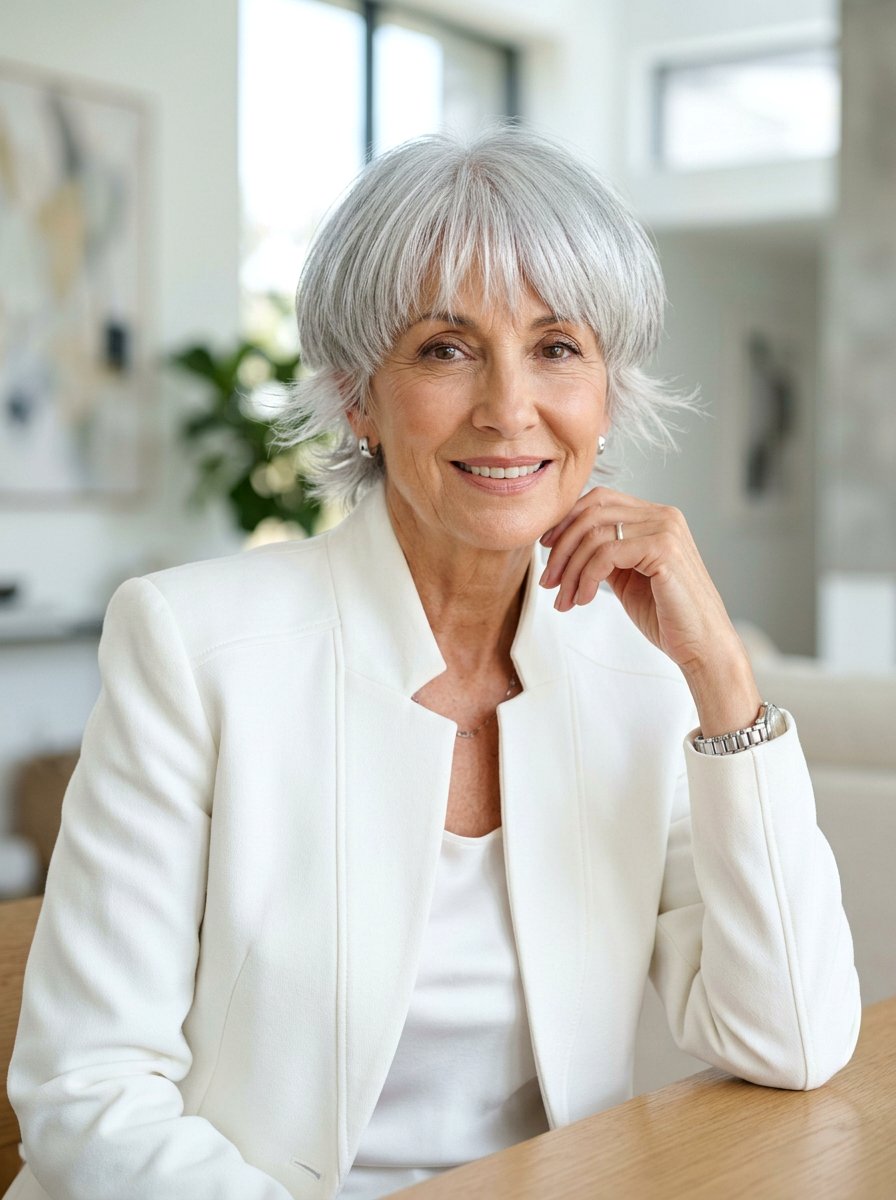 Delicate Feathered Bowl Cut - 20 silver feathered haircut for older women - 20 silver feathered haircut for older women