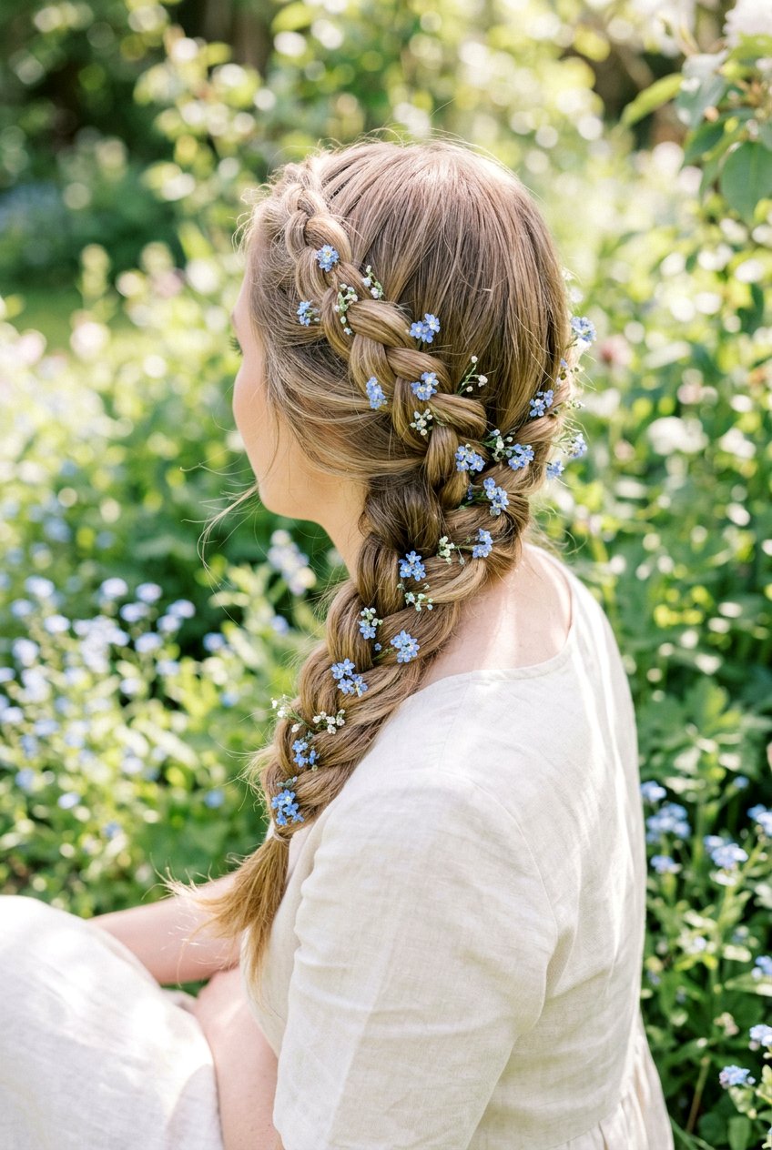 Diagonal Dutch Braid With Forget Me Nots - 20 fairycore braid hairstyle with flowers - 20 fairycore braid hairstyle with flowers