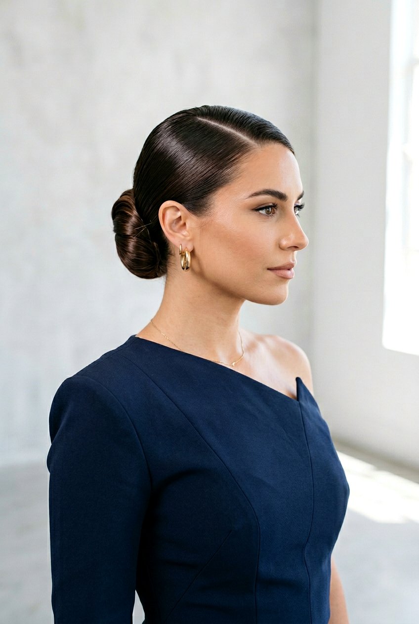 Diagonal Part Slicked Bun - 20 editorial slick bun hairstyle - 20 editorial slick bun hairstyle