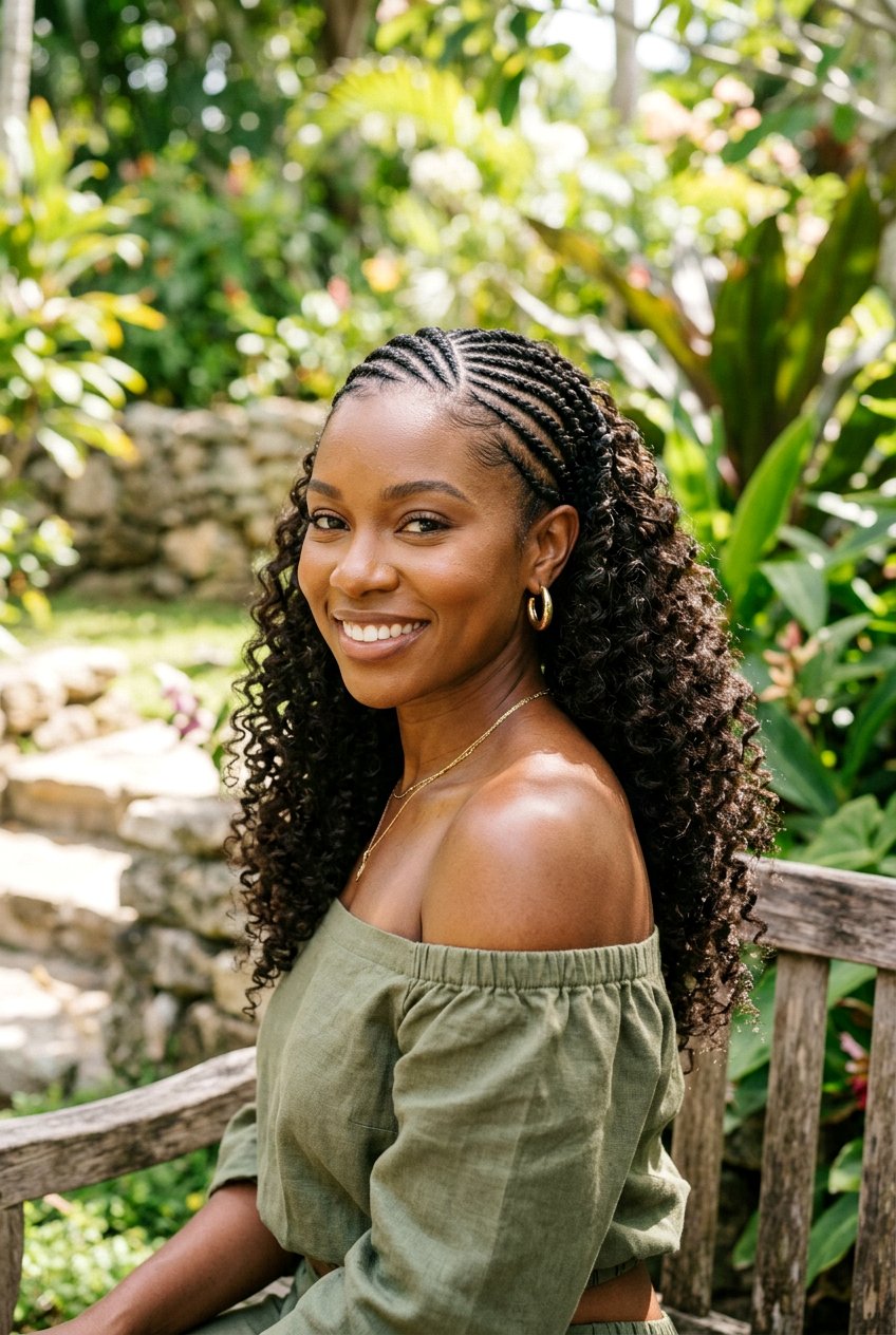 Diagonal Straight Back Cornrows With Curls - 20 straight back cornrows with curly ends - 20 straight back cornrows with curly ends