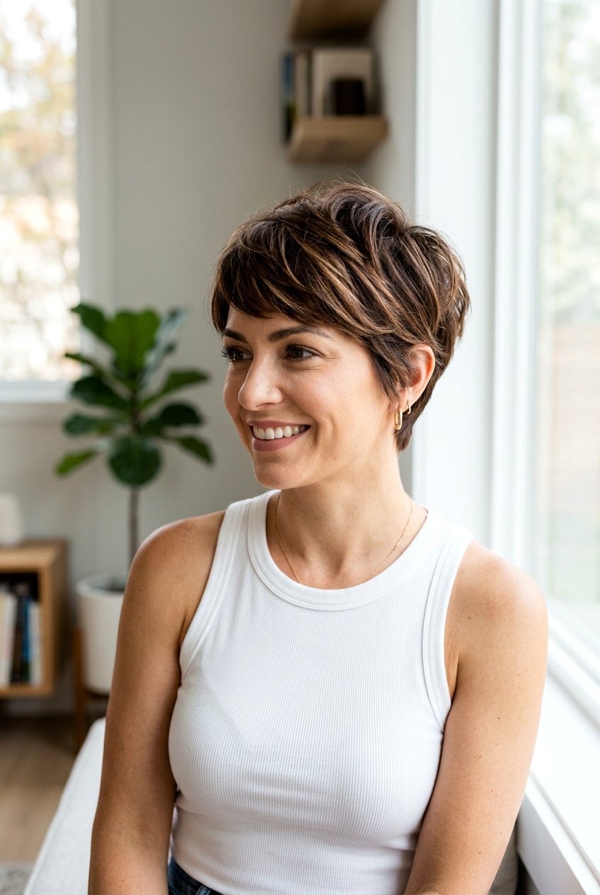 Dimensional Brown Balayage On Brunette Pixie - 20 natural looking brunette refresh - 20 natural looking brunette refresh