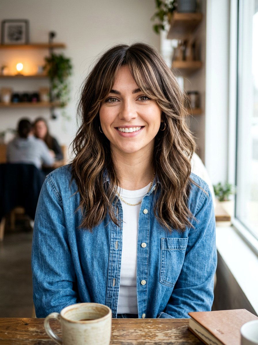 Dimensional Brunette Curtain Bangs - 20 dimensional brunette for first time color - 20 dimensional brunette for first time color