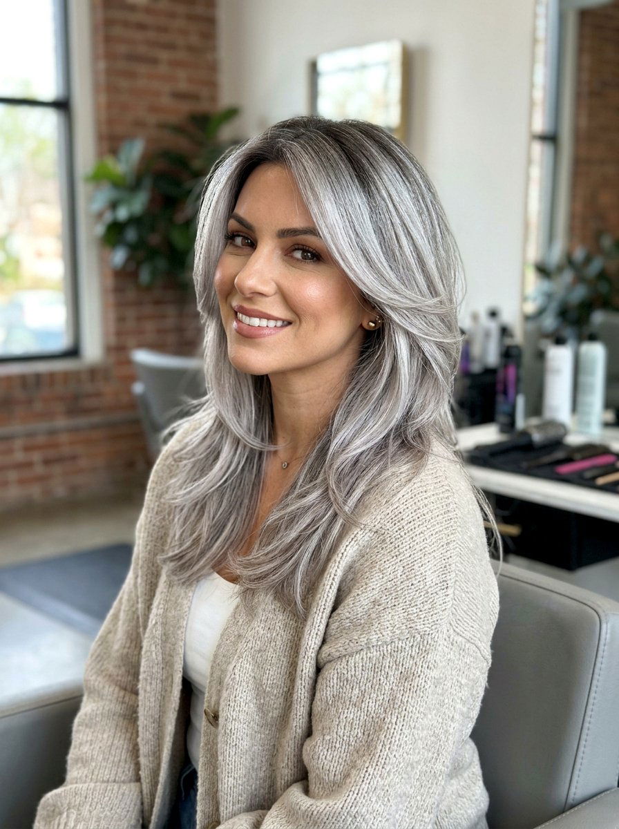 Dimensional Silver Gloss On Layered Hair - 20 silver gloss for mature gray hair - 20 silver gloss for mature gray hair