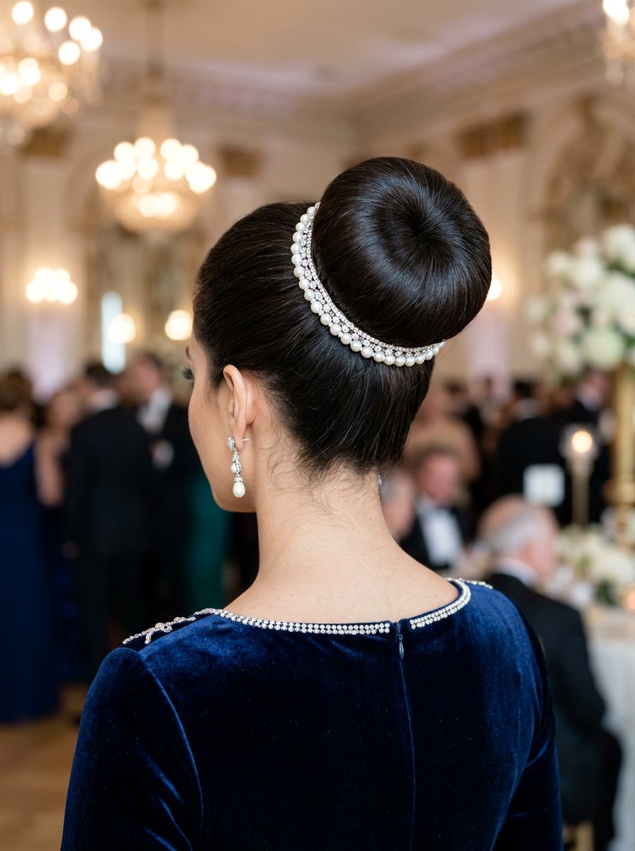 Donut Bun With Pearl Border - 20 pearl embellished bun hairstyle - 20 pearl embellished bun hairstyle