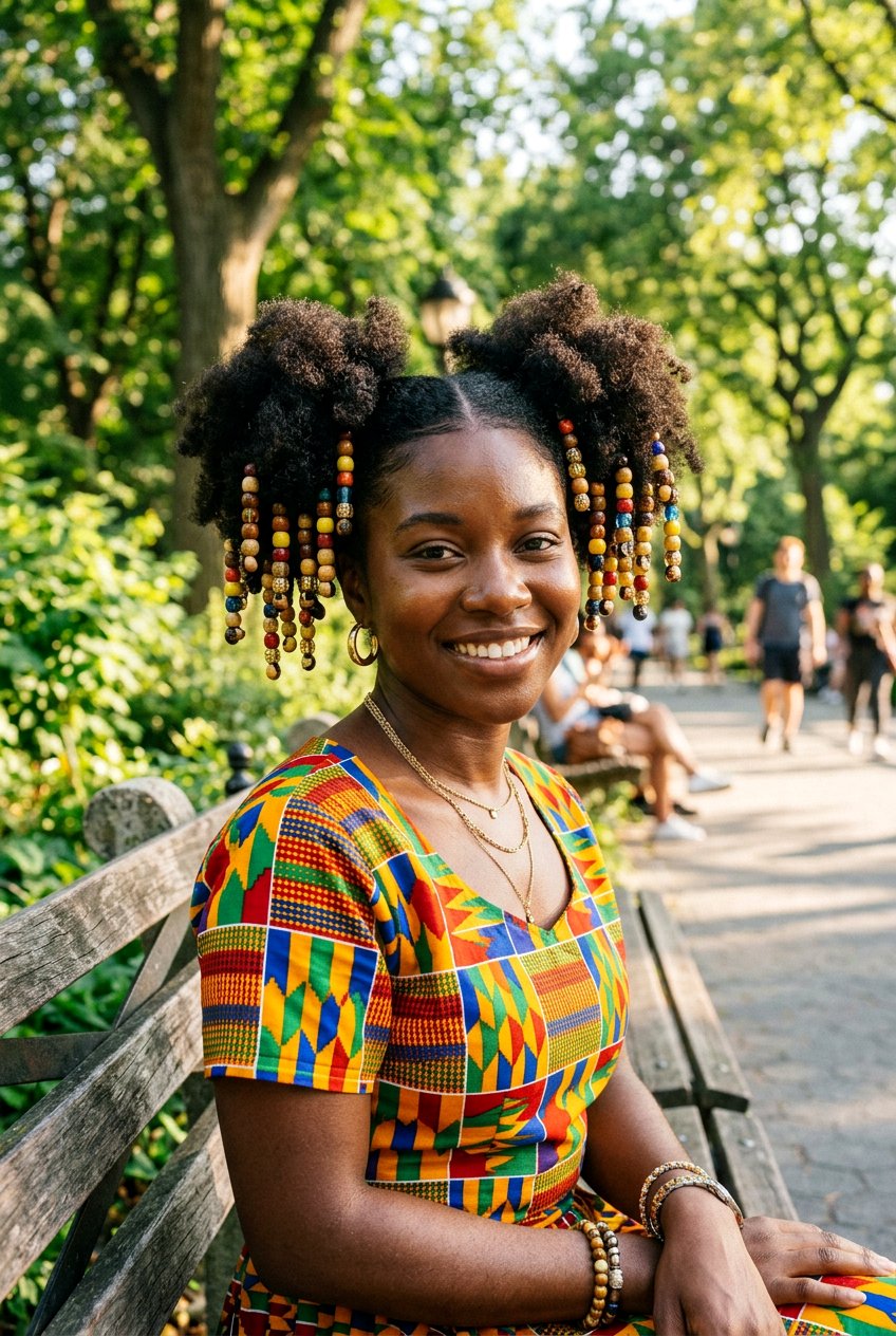 Double Afro Puffs with Beaded Ends - 20 quick puff hairstyles for black women - 20 quick puff hairstyles for black women