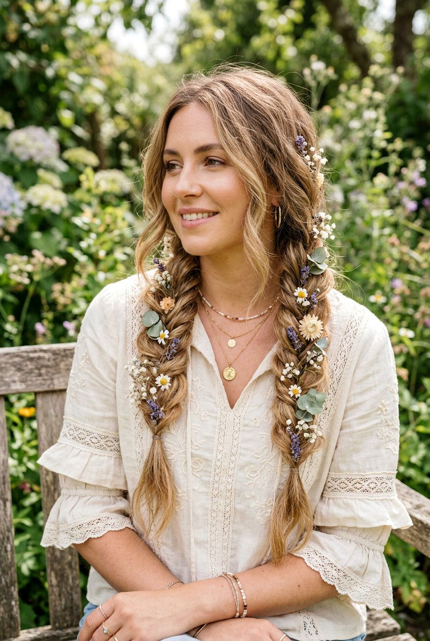 Double Boho Braids With Dried Flowers - 20 boho braid with dried flowers - 20 boho braid with dried flowers