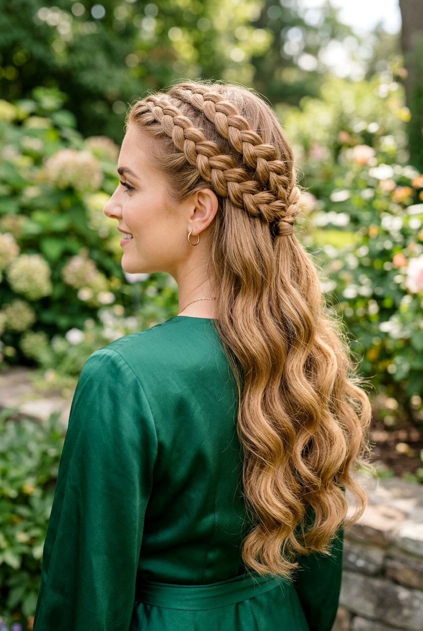 Double Braid Crown With Long Waves - 20 homecoming hairstyle with braid crown - 20 homecoming hairstyle with braid crown
