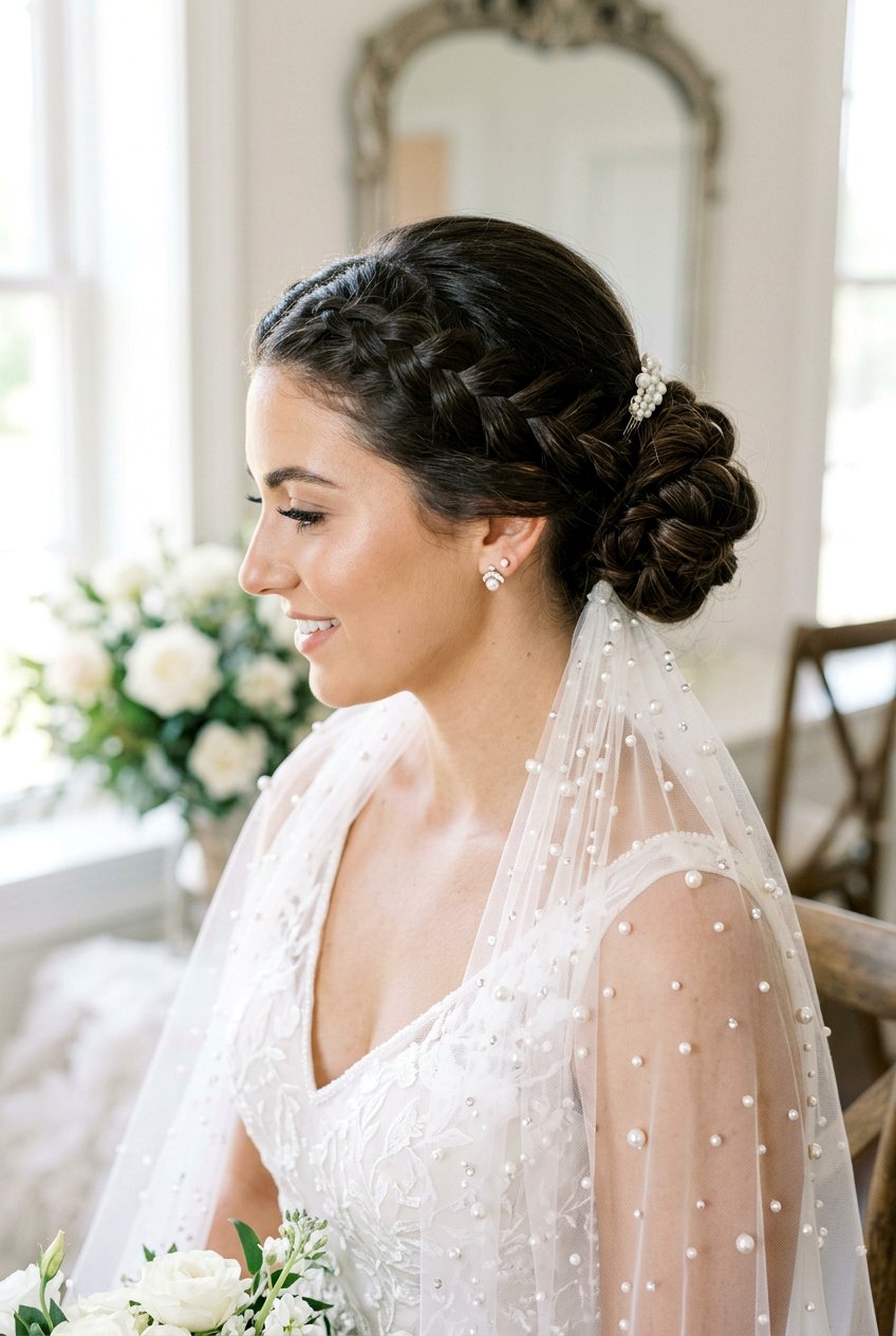 Double Braided Bridal Low Bun With Pearl Veil - 20 bridal low bun with pearl veil - 20 bridal low bun with pearl veil