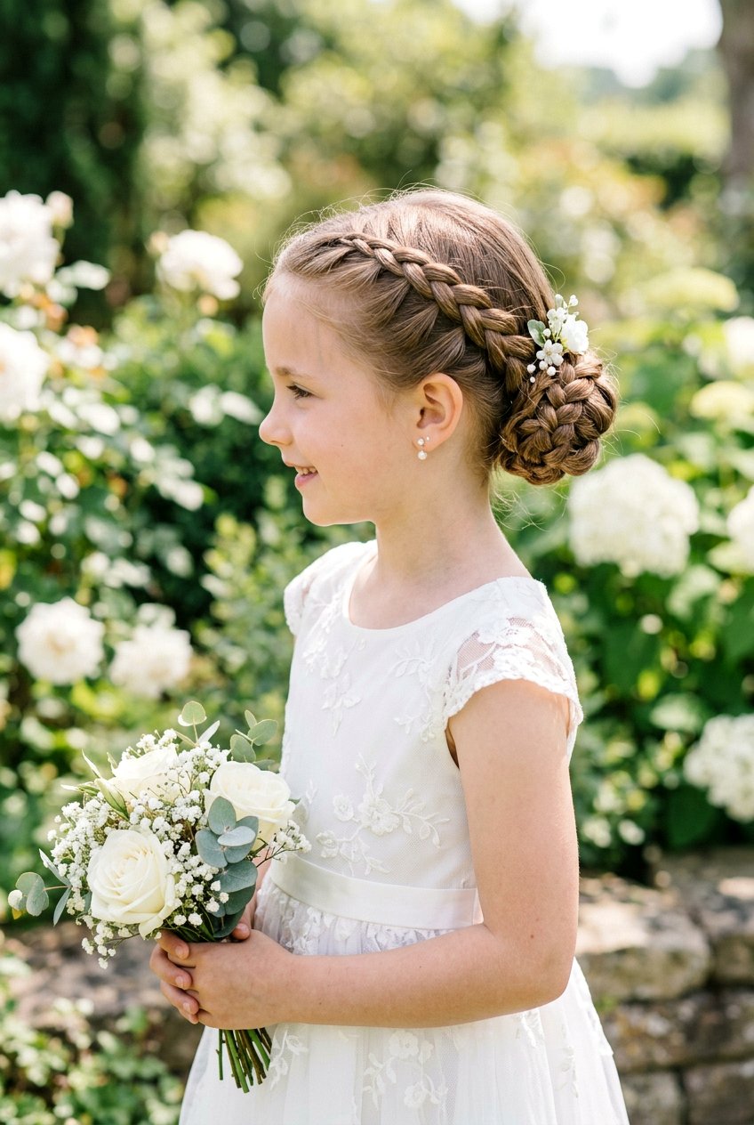 Double Braided Flower Girl Bun - 20 flower girl bun hairstyle - 20 flower girl bun hairstyle