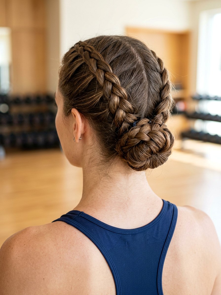 Double Braided Low Bun - 20 yoga hairstyle with low bun - 20 yoga hairstyle with low bun