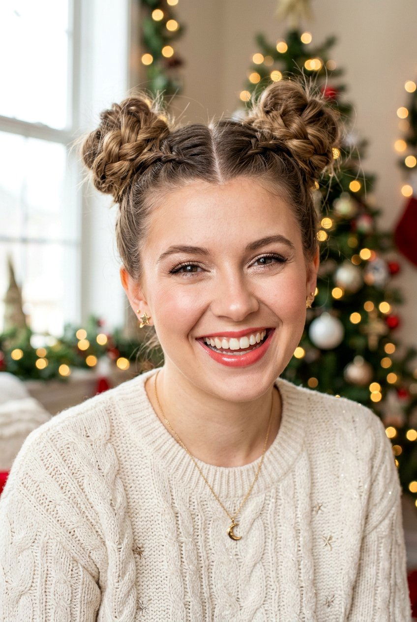 Double Braided Space Bun Updo - 20 festive braid bun hairstyle - 20 festive braid bun hairstyle