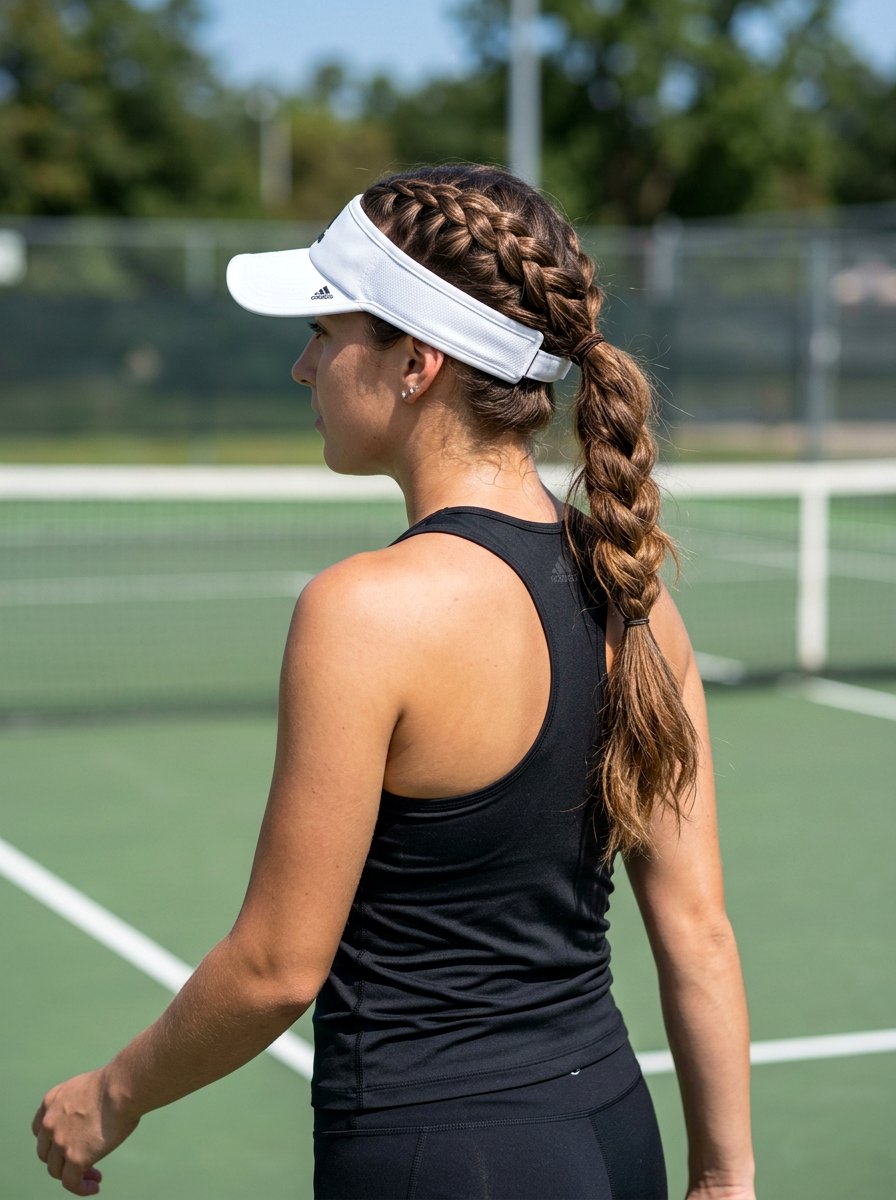 Double Braided Visor Ponytail - 20 tennis hairstyle with visor ponytail