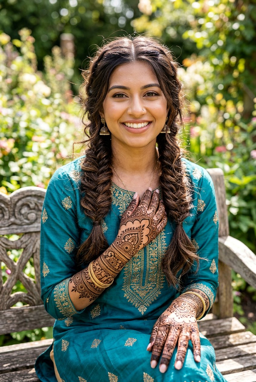 Double Braids Mehndi Look - 20 mehndi braid hairstyles - 20 mehndi braid hairstyles
